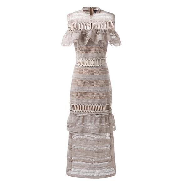 Lace Nude Midi Tier Short Sleeve Ruffle Cape Dress - Picture 7 of 7